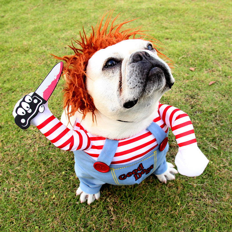 Deadly doll Pet costume Halloween holding knife dagger