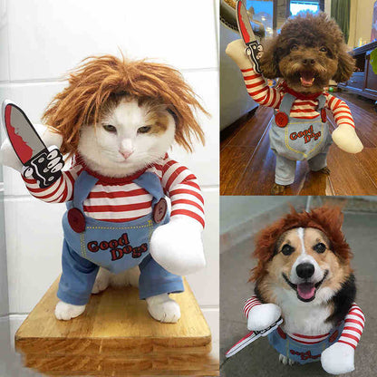 Deadly doll Pet costume Halloween holding knife dagger