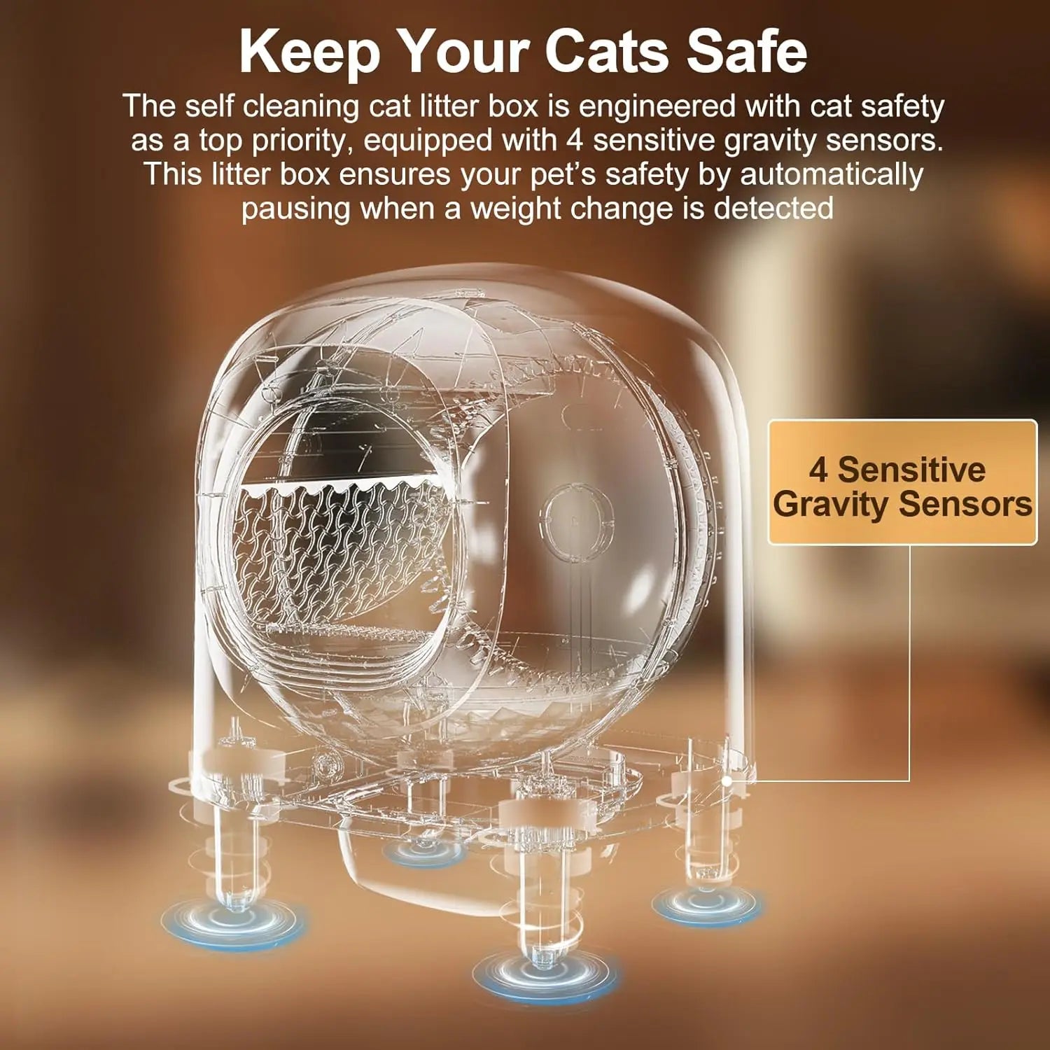 Self cleaning cat litter box with 4 sensitive gravity sensors on a blurred background