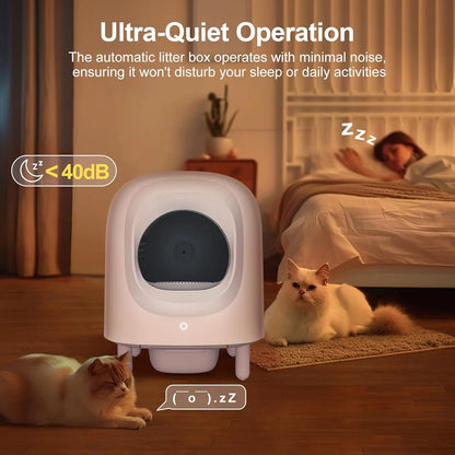 Automatic litter box with cats in a bedroom setting, emphasizing ultra-quiet operation.