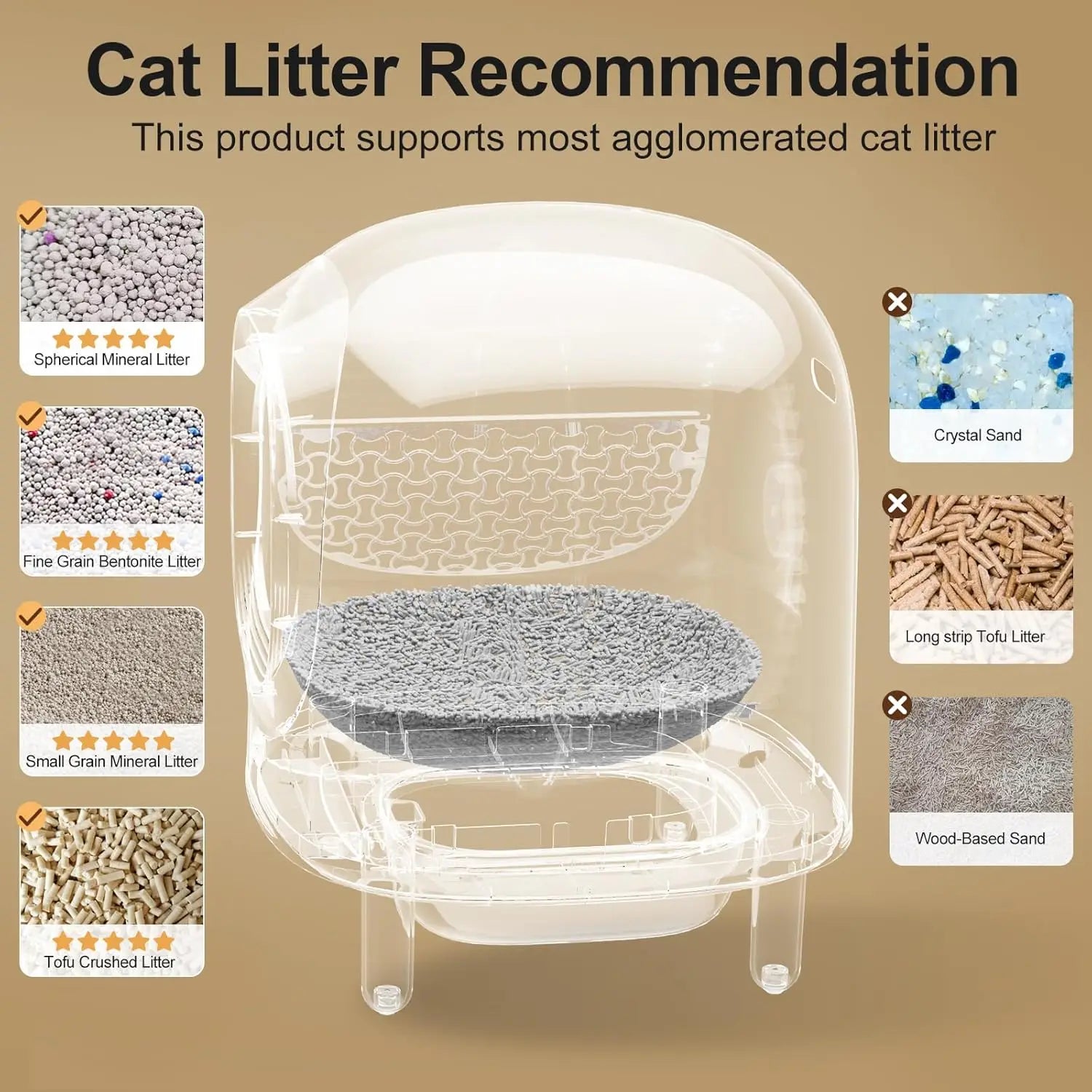 Cat litter recommendation graphic with a transparent litter box and various cat litter types on a beige background.