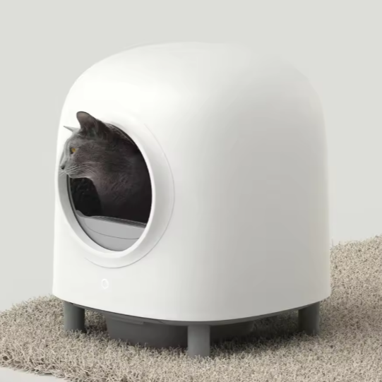 Modern white cat litter box with a gray cat peeking out on a light gray background
